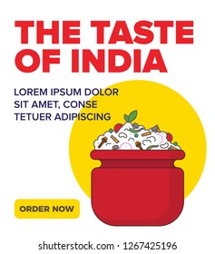 Biryani Vector Illustration. Veg Biryani Pot. Indian/Mughlai traditional rice dish. Biryani ad template