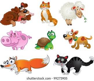 Bis set of funny pig, dogs, cats, sheep, tortoise and fox