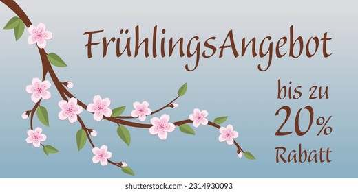 Frühlingsangebot bis zu 20% Rabatt - text in German language - Spring offer up to 20% off. Sales banner with a cherry blossom branch.
