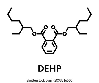 Bis(2-ethylhexyl) phthalate (diethylhexyl phthalate, DEHP, dioctyl phthalate, DOP) plasticizer molecule. Skeletal formula.