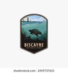 Ilustración de la insignia del parche del logotipo del Parque Nacional de Biscayne, diseño de buceo submarino de la tortuga marina