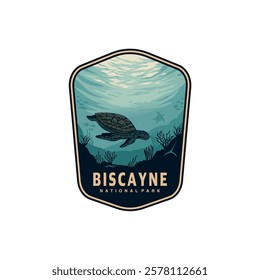 Biscayne National Park logo patch badge illustration, Sea turtle underwater diving design