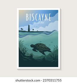 Afiche del Parque Nacional de Biscayne, diseño de afiches de buceo submarino de tortuga marina