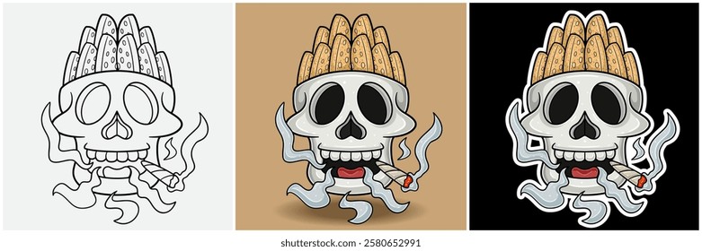 Biscotti Inside Skull Head With Smoking Character Cartoon. Black White, Colorful and Sticker Style. For T shirt print, Brand Logo, Label and Mascot product. Vectors Illustrations