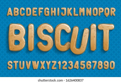 Biscuit alphabet font. Cartoon cookie letters and numbers. Stock vector illustration for your design.