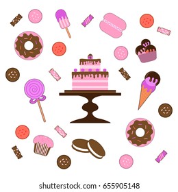 Biscuit. Background of sweets. Vector illustration background of sweets, ice cream, cookies, cake, cake and donut. 