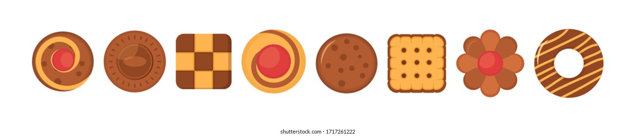 Biscuit bread cookies icon set. Big set different colorful pastry cookie. Set of different chocolate and biscuit chip cookies, gingerbread and waffle isolated on white background. Vector illustration.