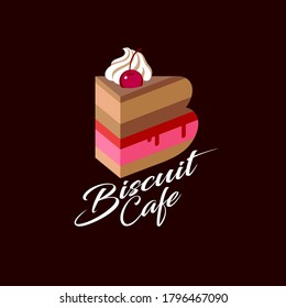 Biscuit  Cafe logo. Letter B as a piece of cake with cream and cherry fruit. Sweets and desserts emblem. Bakery, cafe logo. Sign for bakery.