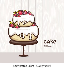 Biscuit Cake With Cream And Berries On Wood Backdrop. Dessert Vector Illustration. Logo For Confectionery And Bakery. Sweet Food Collection.