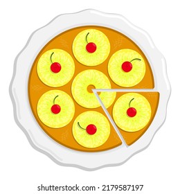 Biscuit cake on plate, fragrant pie with pineapple rings top view. Exotic dessert with tea party. Cartoon vector isolated on white background