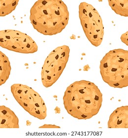 Biscuit with chocolate chips seamless pattern. Cookies and crumbs isolated on white background. Vector cartoon flat illustration. 