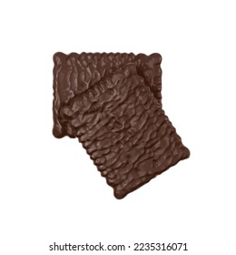 Biscuit Coated in Dark Chocolate Isolated, Square Cookies, Rectangular Shortbread, Crunchy Digestive Cookie