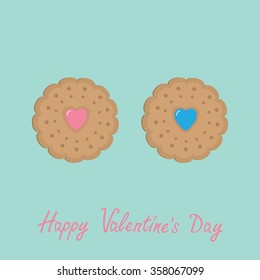 Biscuit cookie cracker couple with pink and blue heart . Happy Valentines Day. Flat design. Vector illustration.