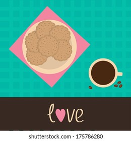 Biscuit cookie cracker on the plate and cup of coffee. Love card. Vector illustration.