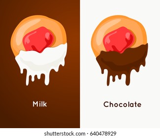Biscuit Cookie with jam dunks in chocolate sauce and milk. 