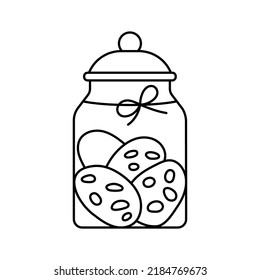 Biscuit cookies with chocolate chips in glass jar line art vector icon illustration. Sweet tasty home made sugar crunch dessert in jar with lid and bow. Editable stroke