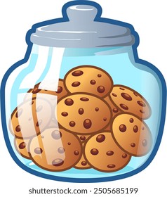 Biscuit cookies with chocolate sit in a pile in a glass cookie jar. Vector illustration jar filled with chocolate chip cookies