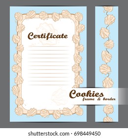 Biscuit, cookies frame and border, certificate, vector hand drawn isolated elements.