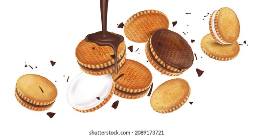 Galletas de bizcocho enrolladas en el medio aisladas sobre fondo blanco. Vector realista en ilustración 3d.