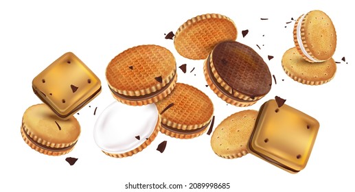 Biscuit cookies set flying in the middle isolated on white background. Vector realistic in 3d illustration.