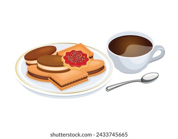 Biscuit and cup of coffee vector illustration. Cup of coffee and cookies on a plate icon set vector isolated on a white background. Delicious tea cakes icon. Different types of biscuits vector