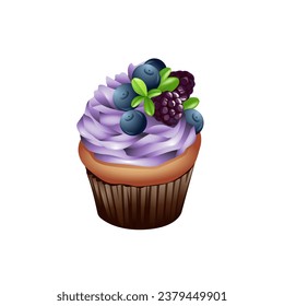 biscuit cupcake with purple topping cream and berries