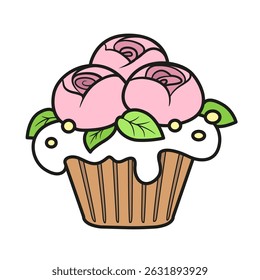 Biscuit cupcake with whipped cream and cream flowers on a white background