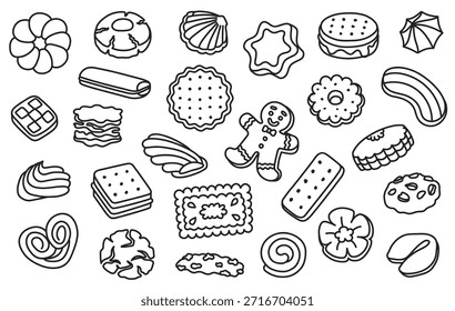 Doodle de galletas. Hombre de jengibre, dulces de panadería macaron para el menú de postre o etiqueta de empaque lindo. Iconos de pastelería y galletas de la fortuna para la marca y pegatinas. Vector dibujado a mano conjunto aislado.