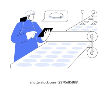 Biscuit factory abstract concept vector illustration. Confectioner in uniform controls baking biscuits, sweets manufacturing, sweets production factory, patisserie sector abstract metaphor.