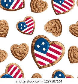 

 Biscuit with the flag of USA .Seamless pattern with valentines on a white background.  Vector illustration  of Valentine's day celebration.