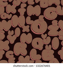 Biscuit font seamless background with souffle, letters of the alphabet, chocolate on a black background, vector illustration EPS 10