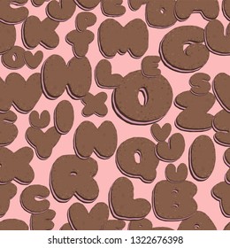 Biscuit font seamless pattern with souffle, letters of the alphabet, chocolate on a pink background, vector illustration EPS 10