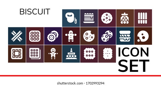 biscuit icon set. 19 filled biscuit icons. Included Leash dog, Churros, Waffle, Gingerbread, Birthday cake, Biscuit, Cookie, Cookies, Scone, Tiramisu, Candy jar icons