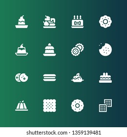 biscuit icon set. Collection of 16 filled biscuit icons included Waffle, Biscuit, Pudding, Birthday cake, Cookie, Cookies, Biscuits, Jelly