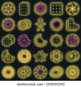 Biscuit icon set. Outline set of biscuit vector icons neon color on black
