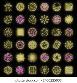 Iconos de Biscuit establecidos. Conjunto de contornos de iconos de vectores de galletas color de neón sobre negro