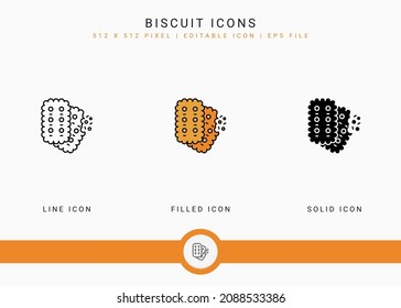 Biscuit icons set vector illustration with solid icon line style. Cookie bite concept. Editable stroke icon on isolated background for web design, user interface, and mobile app