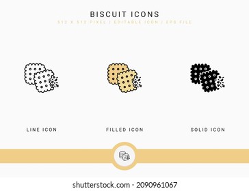 Biscuit icons set vector illustration with solid icon line style. Cookie bite concept. Editable stroke icon on isolated background for web design, user interface, and mobile app