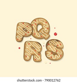 Biscuit letters P, Q, R, S. Delicious beautiful Gingerbread Cookies Font, Sweet cookies with white icing and Red sprinkles. Pastry capital letters. 
