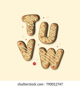 Biscuit letters T, U, V, W. Delicious beautiful Gingerbread Cookies Font, Sweet cookies with white icing and Red sprinkles. Pastry capital letters. 
