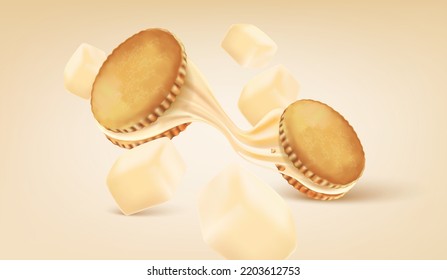 Biscuit milk cream cookies in the middle isolated on solid color background. Vector realistic in 3d illustration. Food and drink concepts.