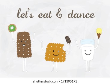 biscuit and milk let's eat & dance poster template vector/illustration / background/ greeting card