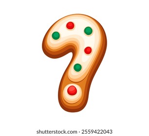 Biscuit Question mark as a gingerbread cookie with colorful glaze. merry Christmas font, xmas alphabet, cartoon winter holiday type, festive typeface symbol. Vector vibrant punctuation sign, glyph