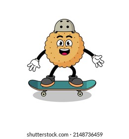 biscuit round mascot playing a skateboard , character design