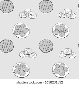 Biscuit seamless pattern greyscale drawing. Useable for wallpaper or any sized decoration. Handdrawn Vector Illustration