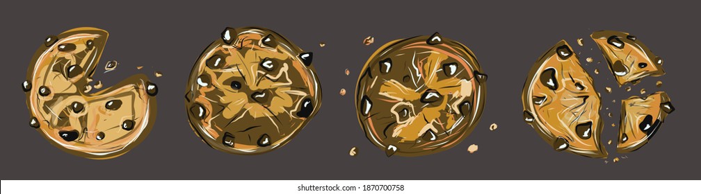 Biscuit, small baked. Set of homemade choco chip cookies with chocolate crisps isolated on background. Festive meal. Bitten, broken, cookie crumbs. Vector isolated objects.