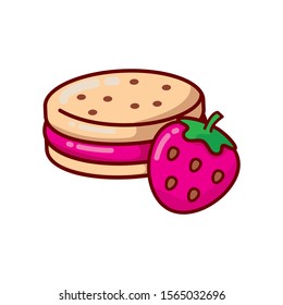 Biscuit with strawberry cream vector illustration isolated on white background. Cute food clip art