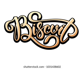 Biscuit. Vector hand lettering word in gradient color with black outline isolated on white background. 3d word with glare. Concept for logo, card, typography, poster, print. 