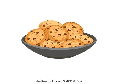 Biscuits with chocolate chips on plate. Vector cartoon flat illustration of sweet cookies. 