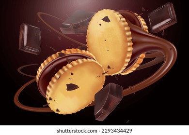 Biscuits chocolate flying in the middle isolated on solid color background. Vector realistic in 3d illustration.